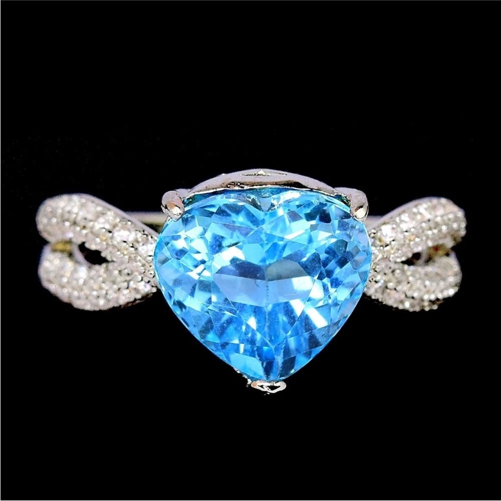 Elegant Genuine Swiss Blue Topaz & Zircon Heart Ring 925 Sterling Silver Sz 8.25